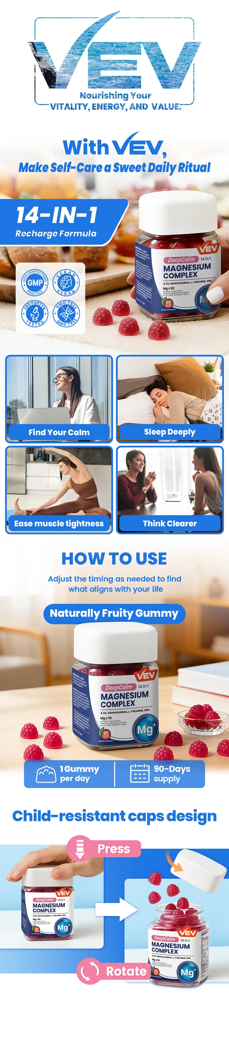 Product Introduction of VEV DeepCalm 14-in-1 Magnesium Complex Gummies, Blended Supplement - Ashwagandha, L-Theanine, D3 & Zinc, Daily Health Bundle, 90 Count 1