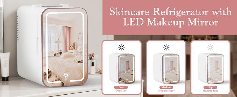 Mini Fridge for Bedroom, 6L Skincare Fridge with LED Mirror, Portable Cooler & Warmer for Dorm, Office, Makeup & Cosmetics, White Compact Quiet Design