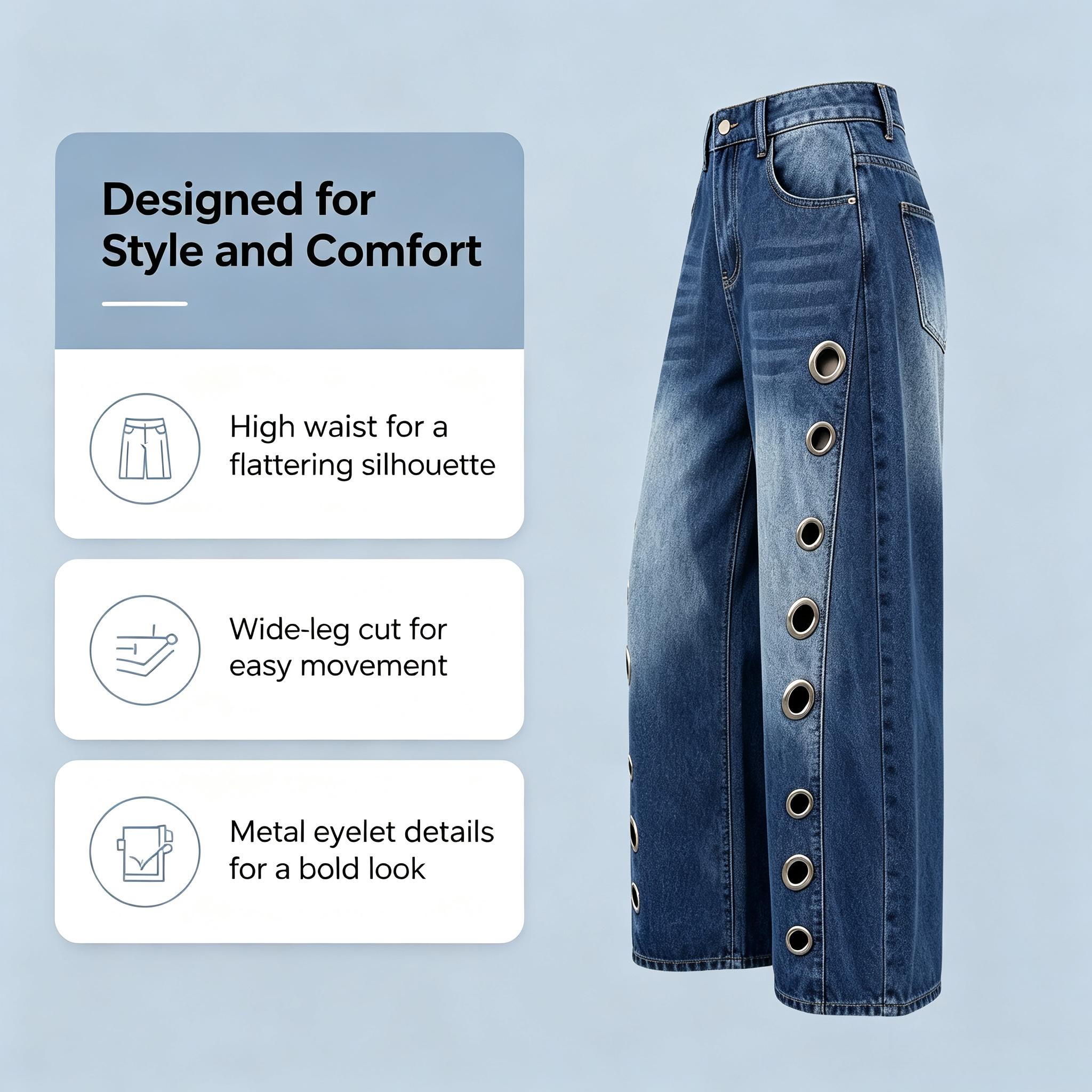 UOOZEE Women's Fall Jeans 2026 Graphic Eyelet Jeans, High-Waist Baggy Wide Leg Statement Denim Bottoms for Festival Looks,back to school shopping, Cropped