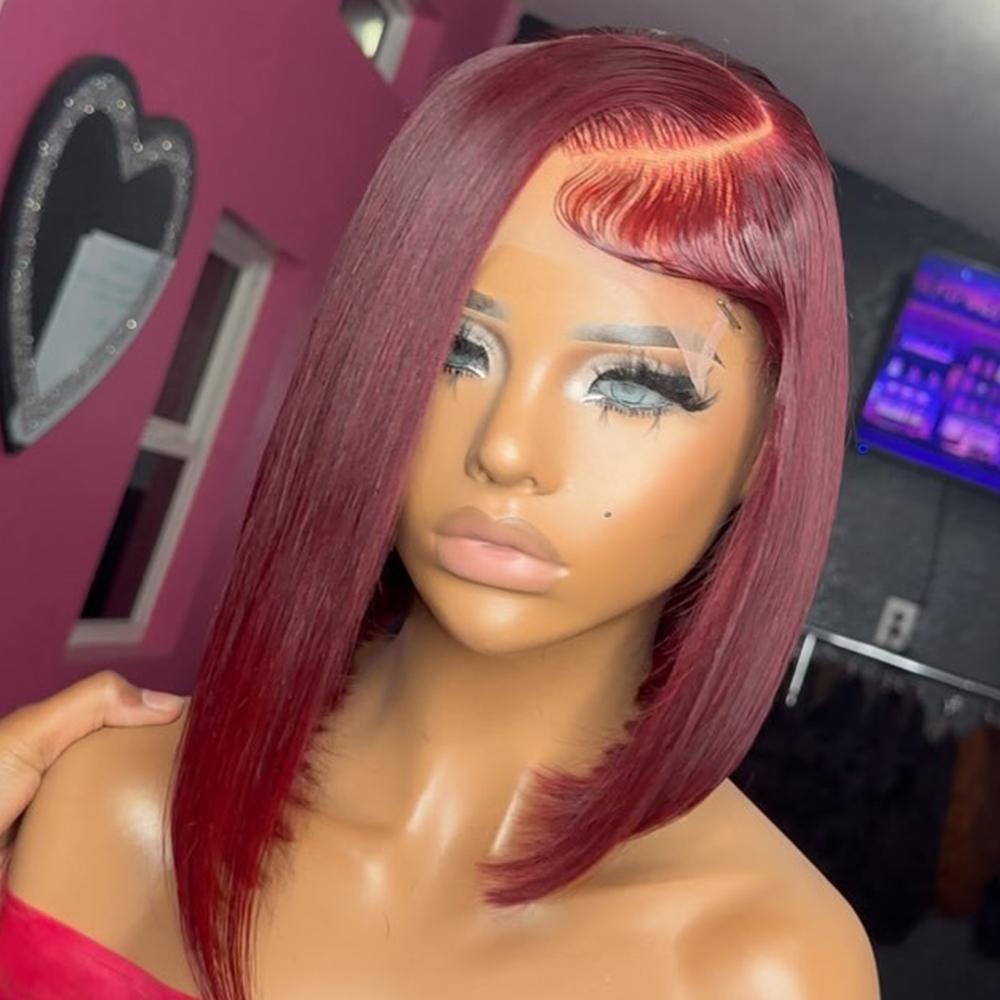 99j Burgundy Bob Wig Human Hair 13x4 Hd Lace Front Wigs Human Hair For Black Women Glueless Lace Front Wigs Pre Plucked 180% Density Short Straight Bob Wig SpringStatements