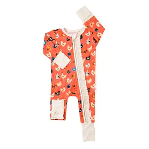 Penny Chickens RUFFLE ZIP Super Soft Bamboo Viscose Baby Romper with 2-Way Zipper for Easy Diaper Changes & Mitten Cuffs for Comfort