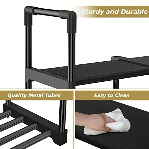 Vertical Shoe Rack 10 Tiers Narrow Rack for Closet DIY Tower Holds 20-25 Pairs Durable Stackable Shelf Space Saving Stand with 2 Hooks Metal Organizer, Black