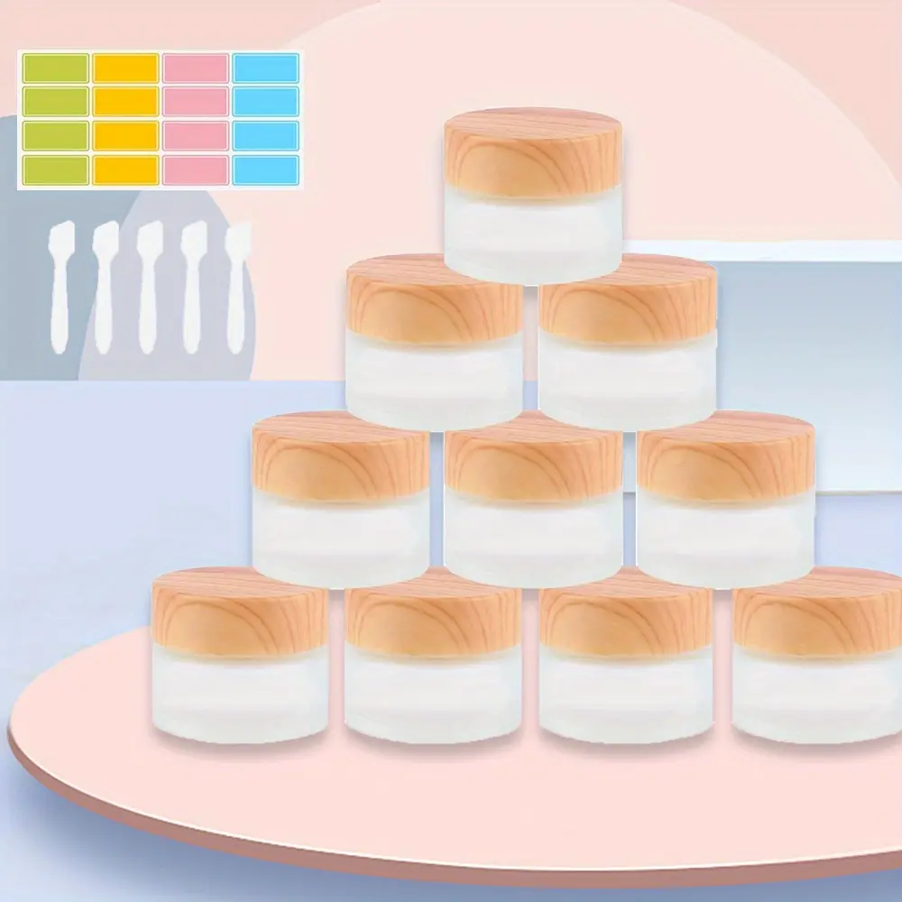 10pcs Small Round Leakproof Refillable Glass Cosmetic Jars - 15g, Wood Grain Caps, Storage Organizer Container, Reusable - Ideal for Face Creams, Lotions Subpackage Filling - Home & Travel Use, Refillable Design