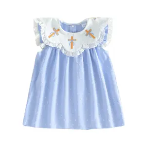 Toddler Girl Easter Dress Short Sleeve Sailor Collar Floral God is Good Embroidery A-Line Girls Spring Dresses