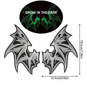 Glow-in-the-Dark Demon Wing Iron-On Patch, Black & White Embroidery Design, 1 Pair