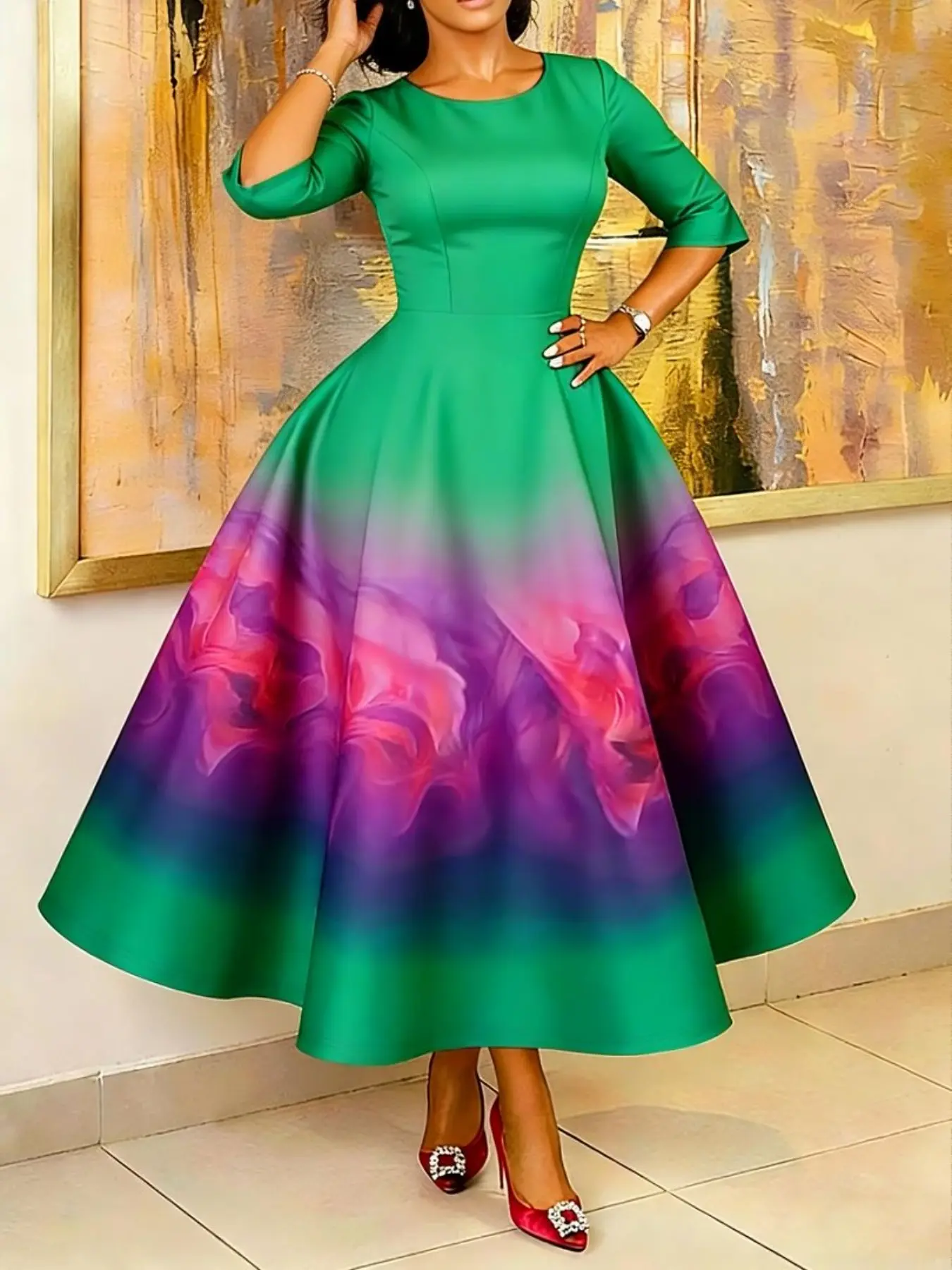 Women's Summer Fashion Elegant Classy Flattering Gradient Long Dress, Slim-Fitting Half Sleeve Print Dress, Perfect for Evening Parties and Events