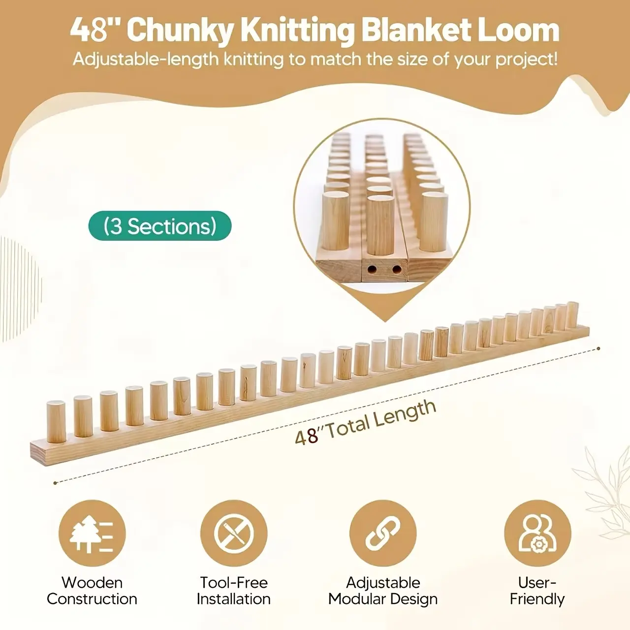3pcs/48in Wood Natural Pine Pegged Loom Knitting Machine for Beginners & Family, 3-Sectional Modular Design, Adjustable Height-Width, Smooth Rounded Pegs, All-in-1 Chunky Yarn Craft Kit (Blankets, Holiday Projects), Chunky Knit Blanket