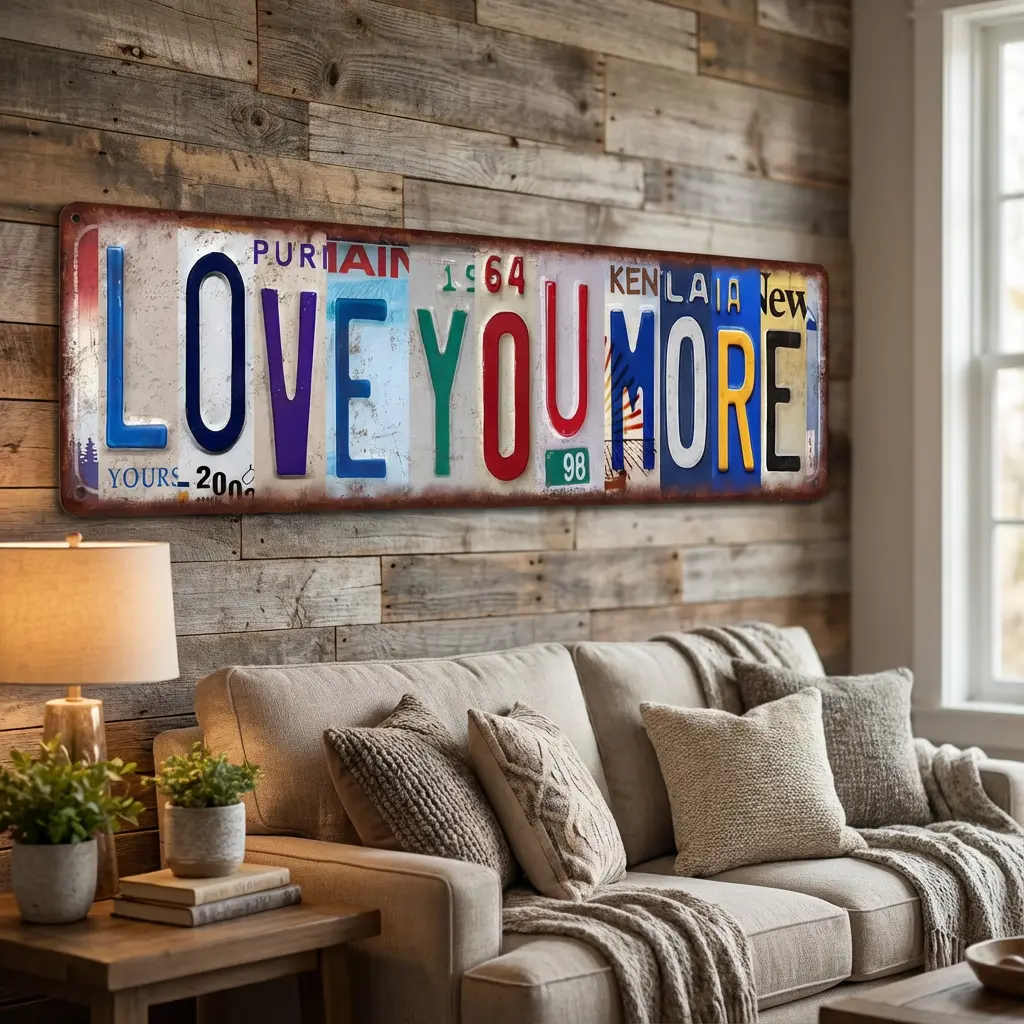 Industrial Rustic Iron-Aluminium License Plate Style Wall Signs - "Love You More" & "Love You Bye" Family Quote Plaques, Waterproof House Decor, Distressed Farmhouse Gift for Anniversary Entryway