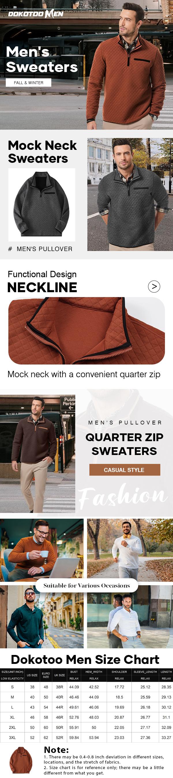 Men's Quarter Zip Up Casual Long Sleeve Quilted Sweatshirts Mock Neck Outdoor Pullover Sweaters