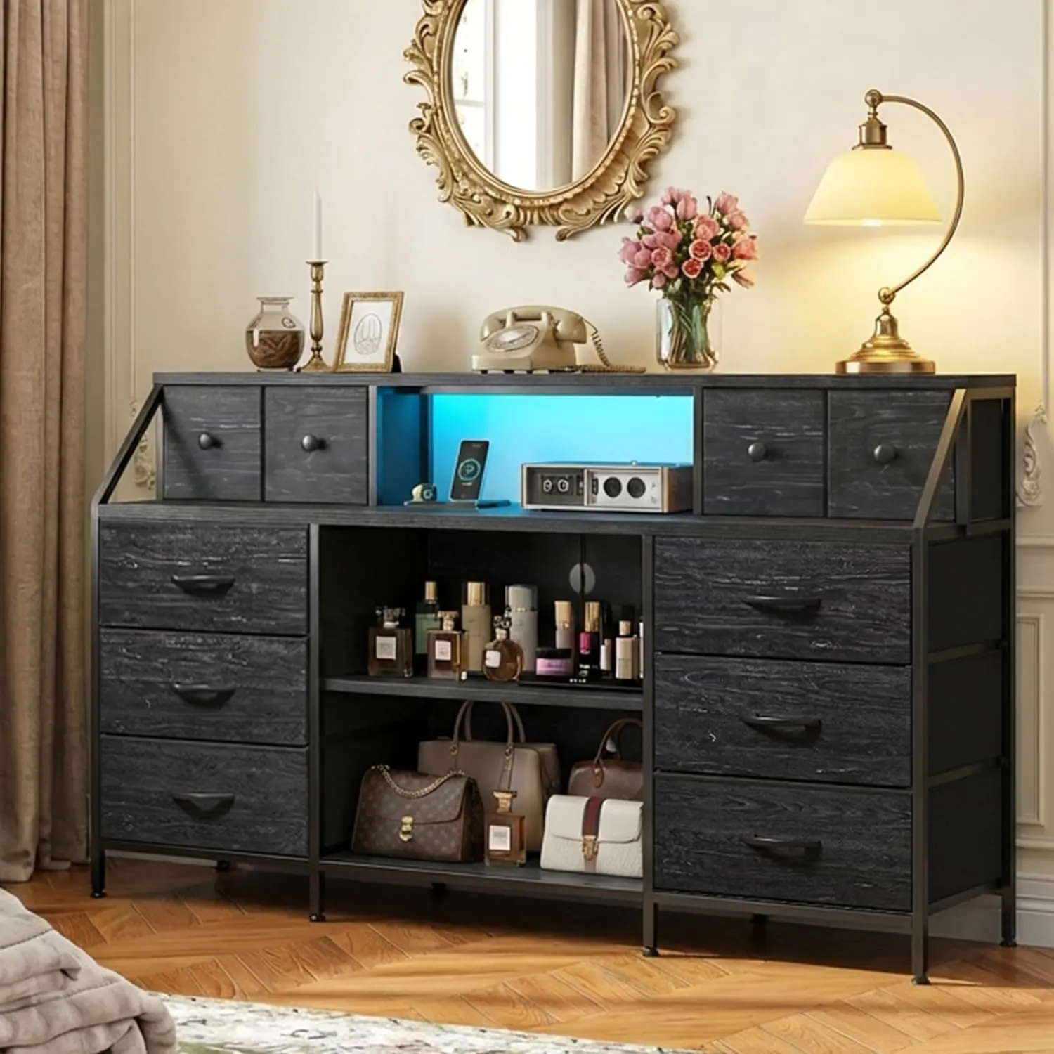 RaybeeFurniture Dresser for Bedroom with 10 Drawers,Makeup Vanity Dresser with LED Lights & Charging Station,  Unique Metal Mesh Door Design, Large Fabric Storage Organizer for Living Room, Bedroom, Closet, Metal Frame & Wood Top, Easy to Assemble