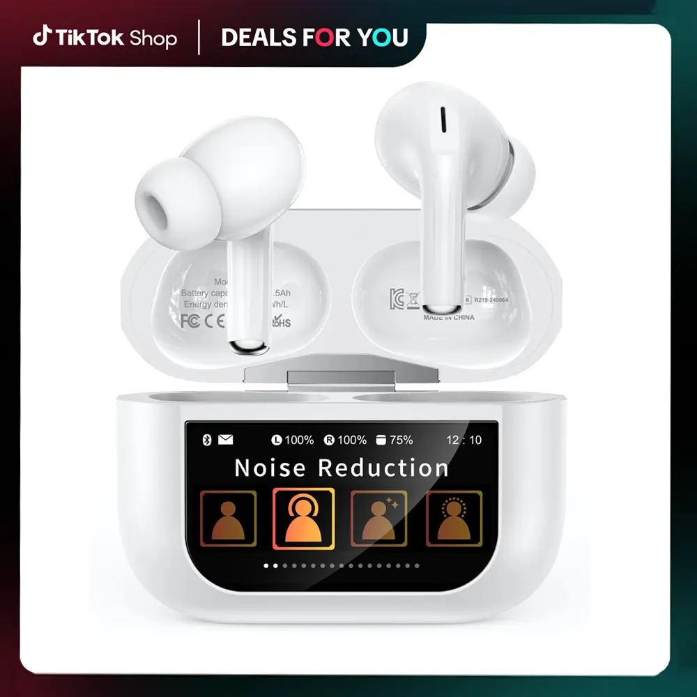 Wireless Noise Cancellation Earbuds, In-Ear Headphones with Full Color Display, Bluetooth Call Earbud-Style Headphones Compatible with iPhone & Android (White Audio Electronic Accessory)