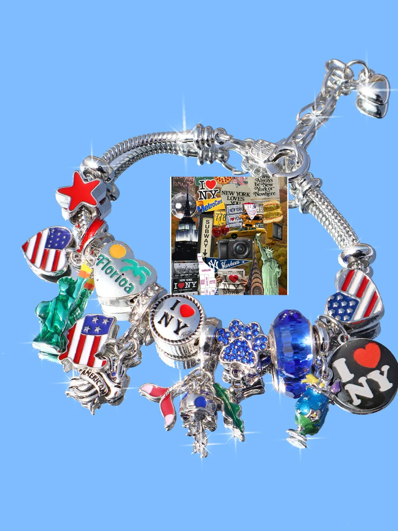 New York Memorial Charm Bracelet, Florida Travel Souvenir, Star Girl Bracelet, European Flag Bracelet, Irish Brazilian Spanish Flag Bracelet, Heart Bracelet, Bracelets Jewelry, Attraction Bracelet