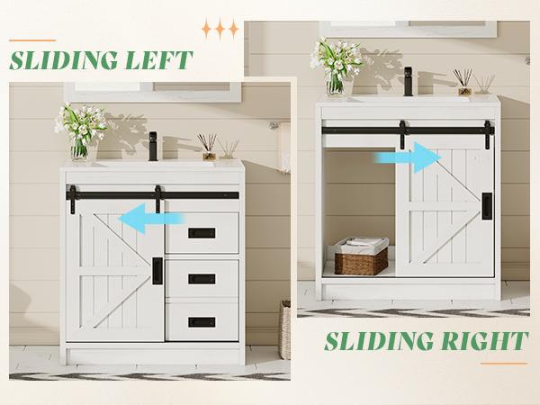 VanAcc Farmhouse Bathroom Vanity with Sink Combo, 31in Sliding Barn Door Bathroom Vanity Cabinet Set with Storage Drawers, Metal Handles, Small Single Bath Storage Vanity Sink