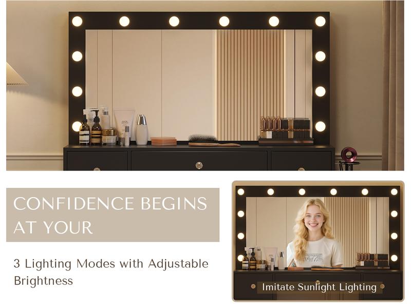 [New Year Deals] Vanity Desk with Large HD Mirror ,9-Drawers Dressing Table Power Outlet,3 Color Modes,12 LED Bulbs for Girls Bedroom,Gift for Daughter Wife & Mom Girls Bedroom Essential