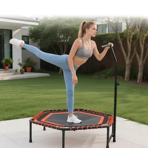 [Fahuac] 48 Inch Adjustable Trampoline for Adults with Handlebar - 2 Models Available: 3-Level Folding & Fixed T-Bar Rebounders, 330LBS Capacity, Quiet Bungee System, Indoor Cardio Fitness Trampoline for Home Gym