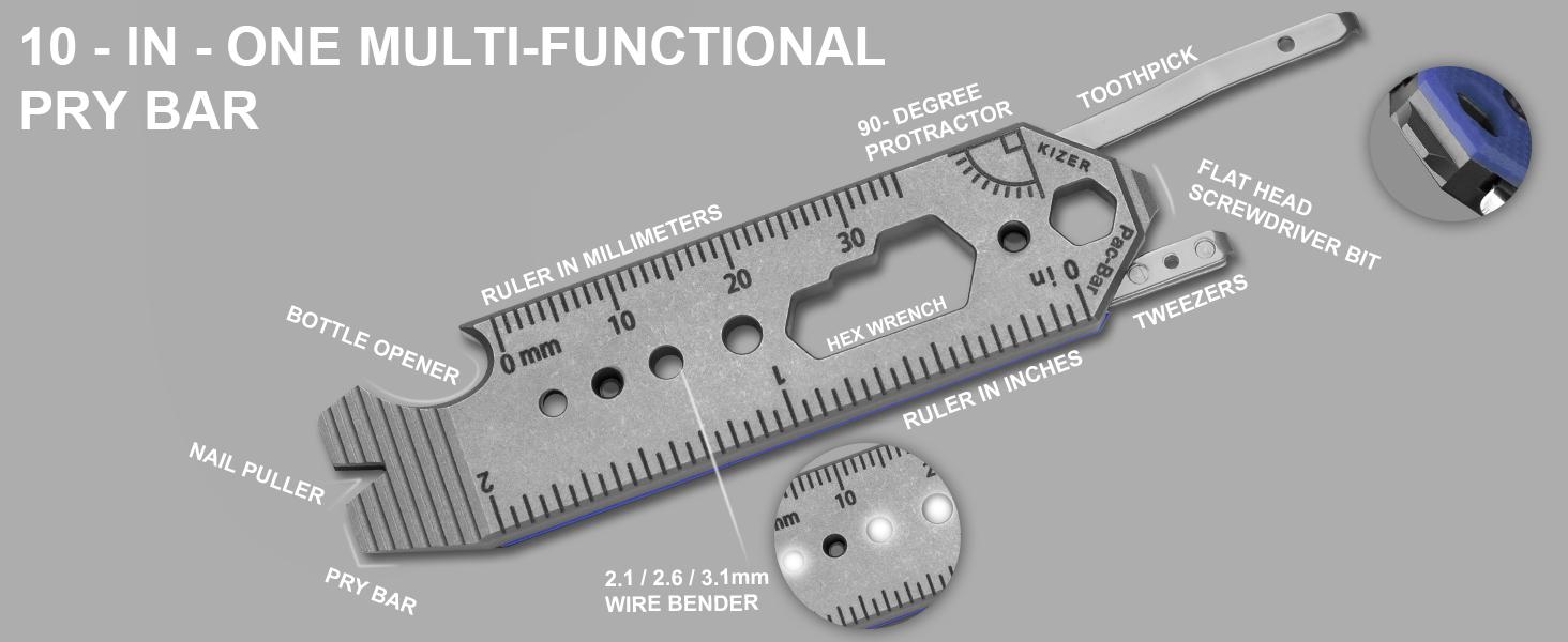 KIZER 10-in-1 Multiduty Titanium & G10 Pac Bar Portable Multi-tool EDC with Detachable Toothpick Tweezers Flat Head Screwdriver & More Men's Essential Tool multifunctional