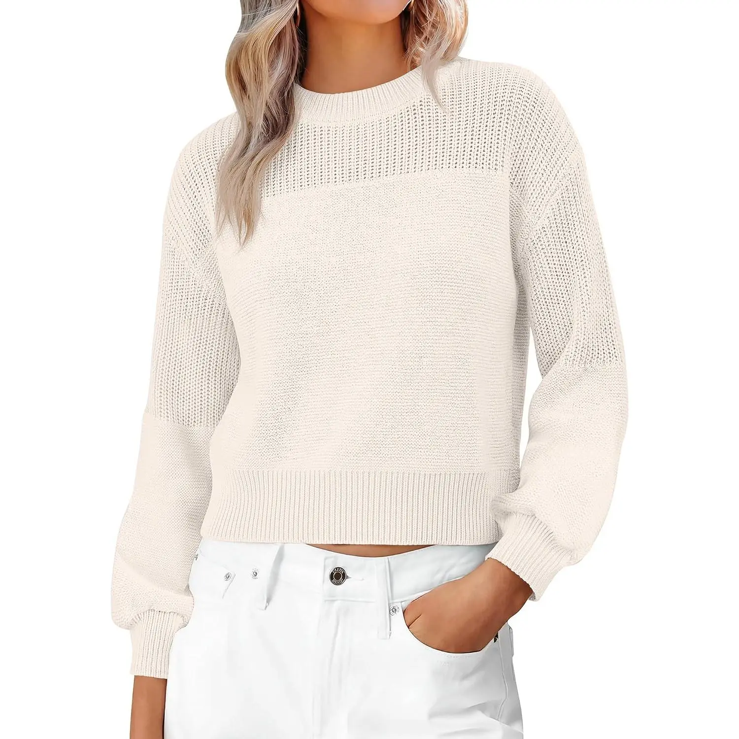 ANRABESS Women’s Long Sleeve Cropped Sweaters | Crew Neck Chunky Ribbed Pullover Tops, Soft Warm Cozy Knit Fabric, Fall Winter Casual Daily Wear Outfits