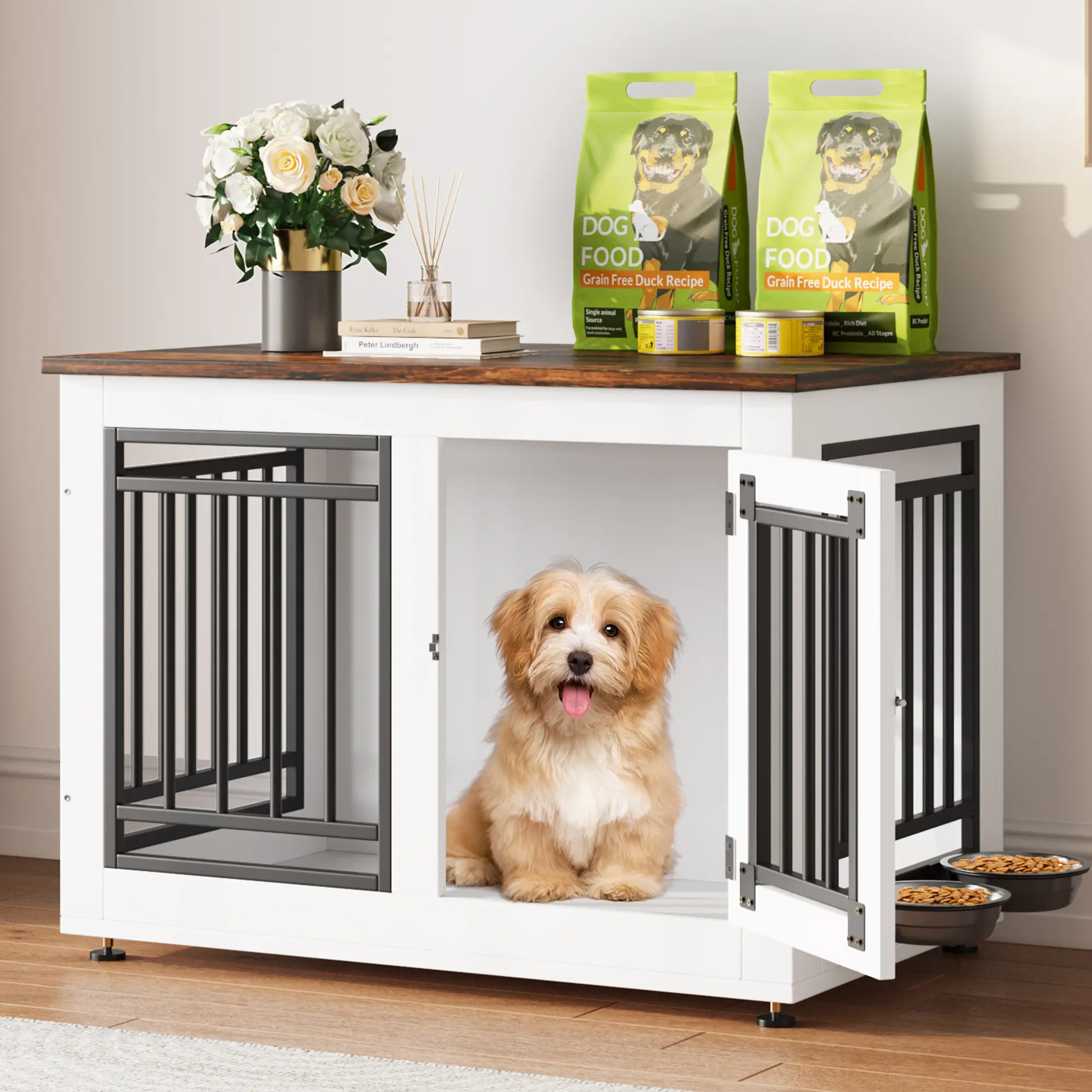 Yitahome 28" Dog Crate Furniture, Wooden Crate End Table for Small Dogs up to 30 lbs, Double Door Dog Crate with Adjustable Feet and Removable Bowls
