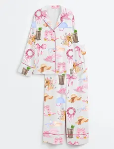 Pink Kentucky Derby Cowgirl Trip Western Satin Pajama Set Adults, Pajamas Derby Cowgirl Martini Cocktail, Homewear Trip Western Gifts Women