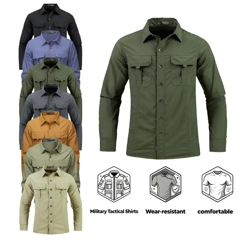 Men's Military Tactical Long Sleeve Plain Fabric Shirts - 100% Polyamide, Quick Dry, Moisture Wicking, Lightweight, Breathable, Small Chest Pockets, Back Vent, Durable Outdoor Tops for Hiking, Daily Work, Winter Gift construction site