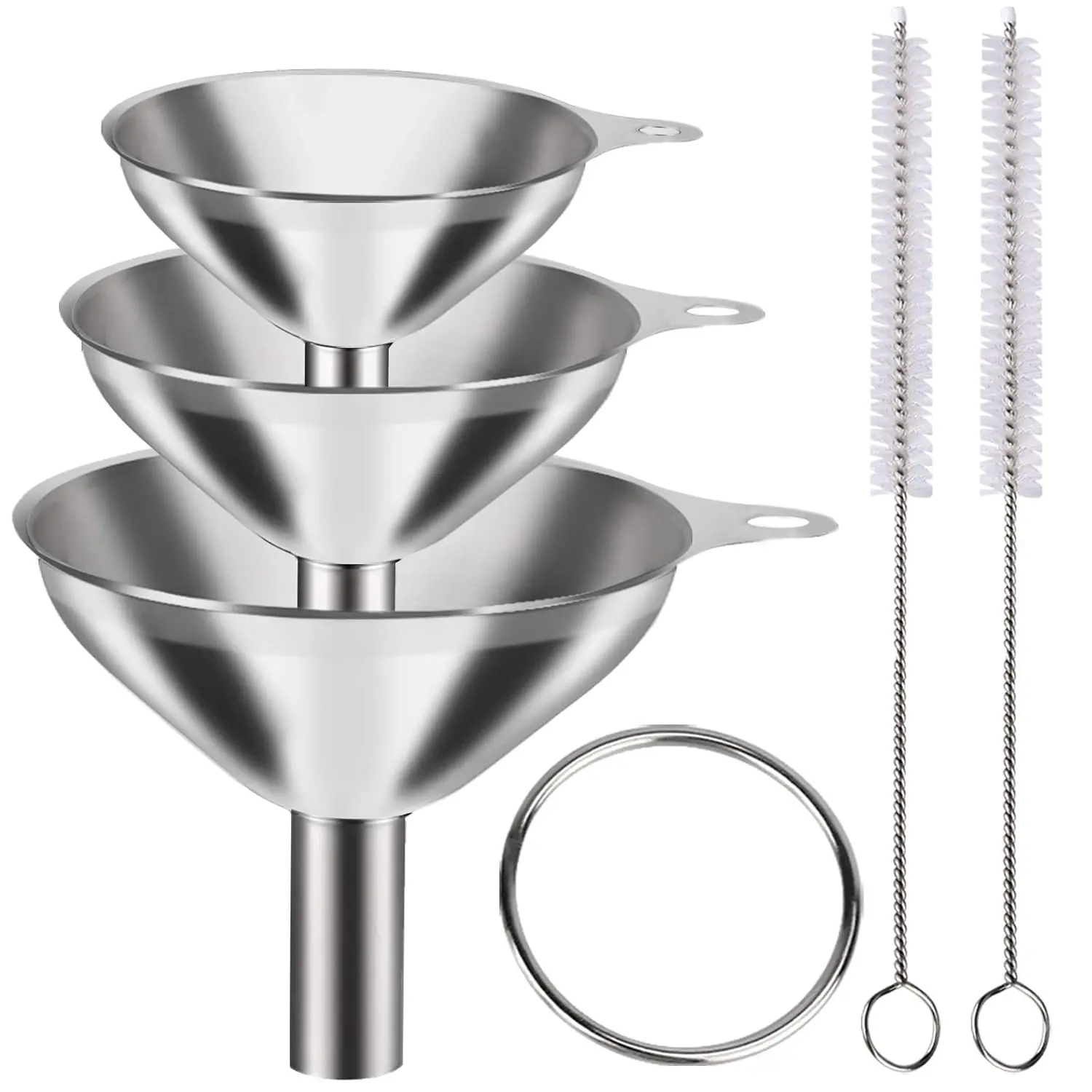 Metal Stainless Steel Funnel, Large Medium Small Funnel Set of 3, Food Grade Mini Funnels for Kitchen Use Filling Bottles Flask Cooking, 2 Brushes