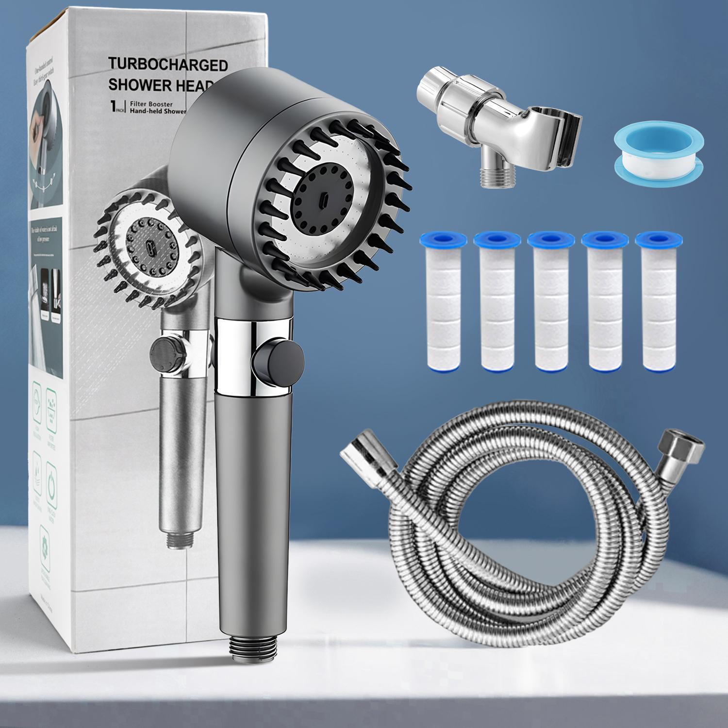 9-Piece Adjustable Shower System with High Pressure, 3-Speed Massage, One-Touch Water Stop, Universal Interface, Stainless Steel Panel, Hose Holder, and Filter Element