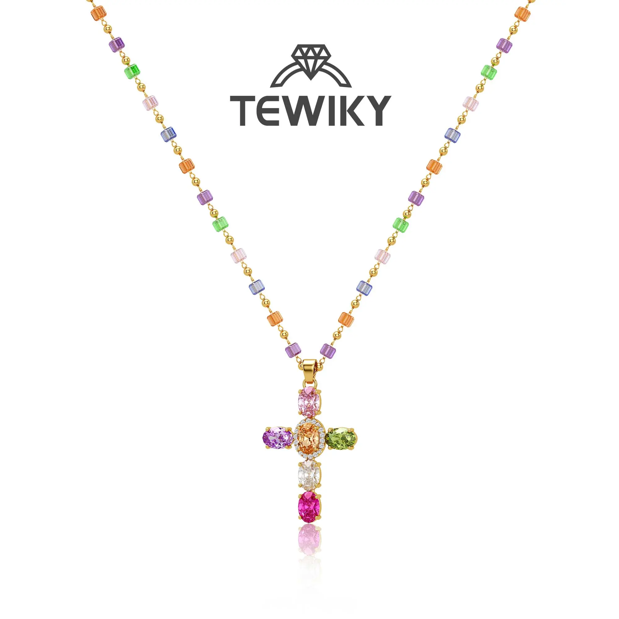 TEWIKY 14K Gold-Plated Gold Spacer Beads / Multicolor Cubic Zirconia Cross Pendant Necklace, Jewelry Necklace, Fashion Accessory Gift, Women's Everyday Casual Match Item