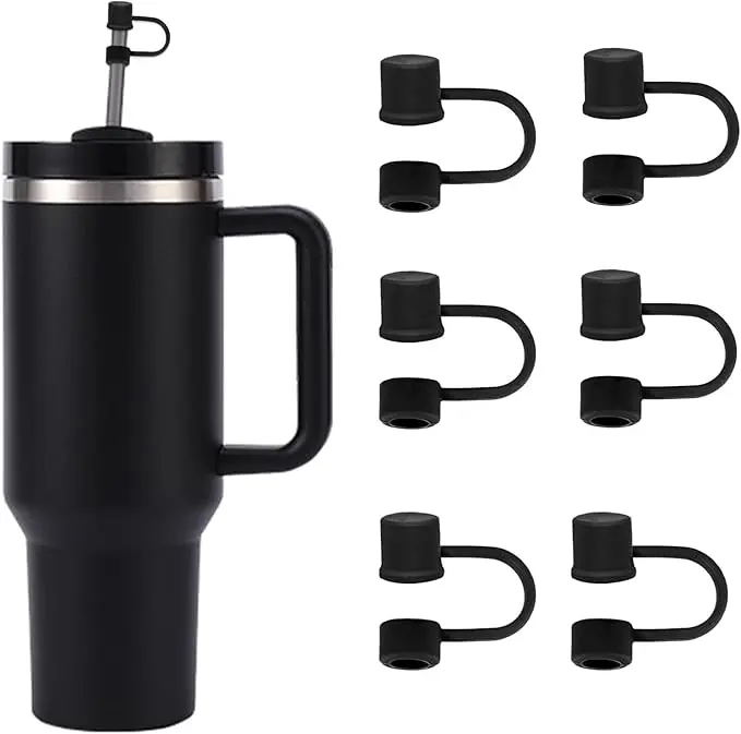 6PCS Silicone Straw Covers – Dust-Proof Reusable Straw Caps for Stanley Cup 30-40oz Tumblers with Handle, 10mm Straw Toppers (Black)