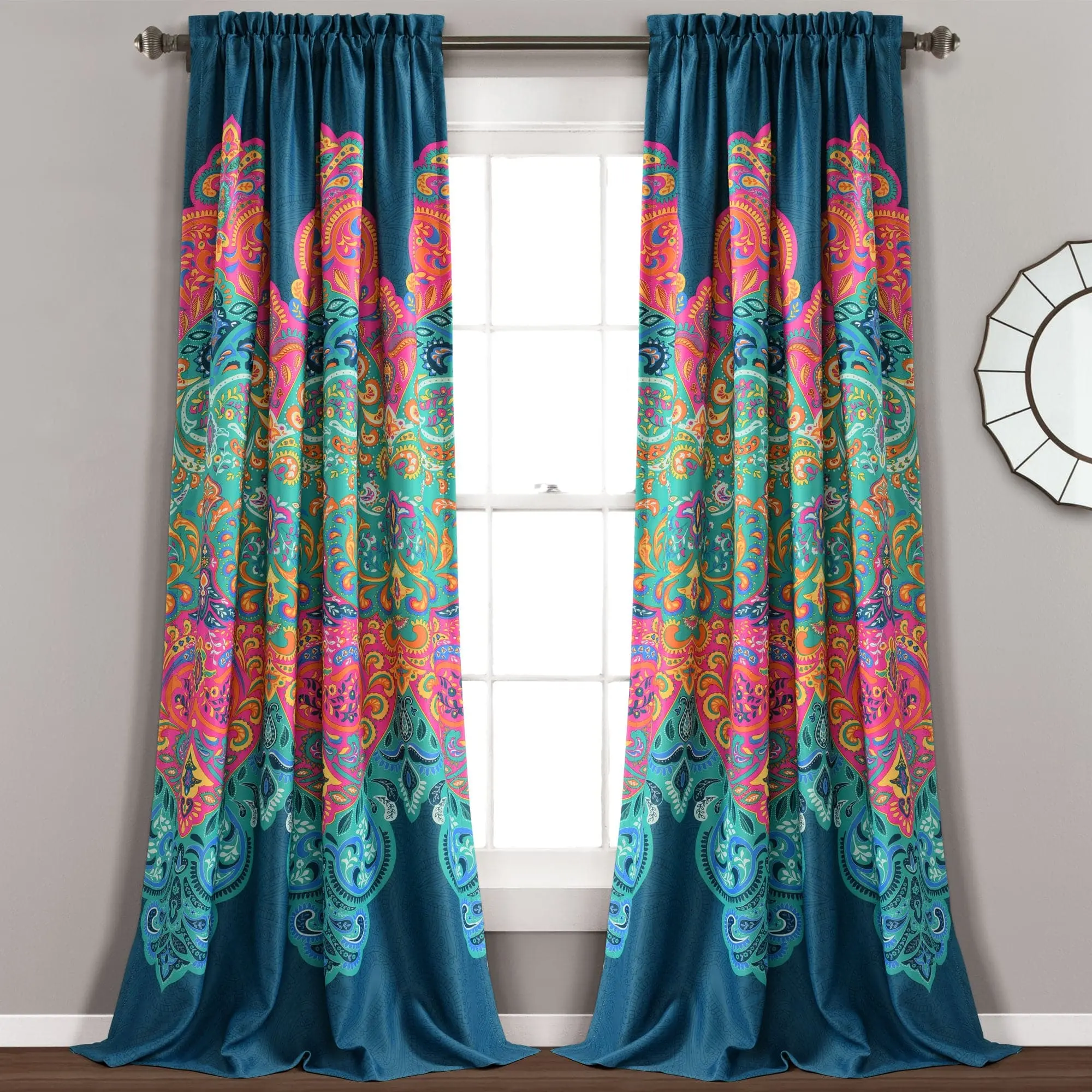Lush Decor Suzani Print Boho Chic Easy Install Darkening Curtain Panel Set - 2 Panels, 52"Wx63"-108"L, 3" Rod Pocket, Machine Washable, Bedroom/Living Room Decorations, Unique Room Decor, Modern Household Textile