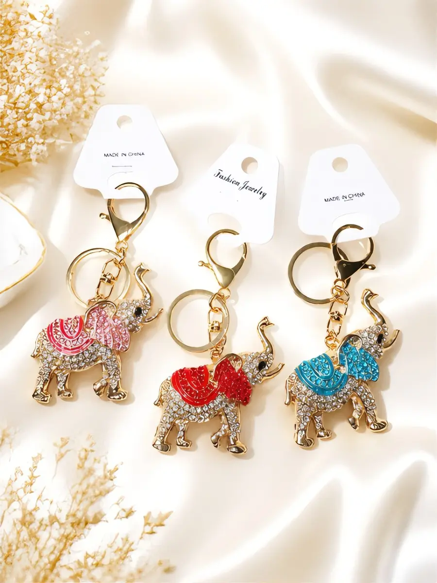 Rhinestone Elephant Keychain - Fashion Costume Jewelry Accessory, Available in 3 Colors (Pink, Red, Blue)