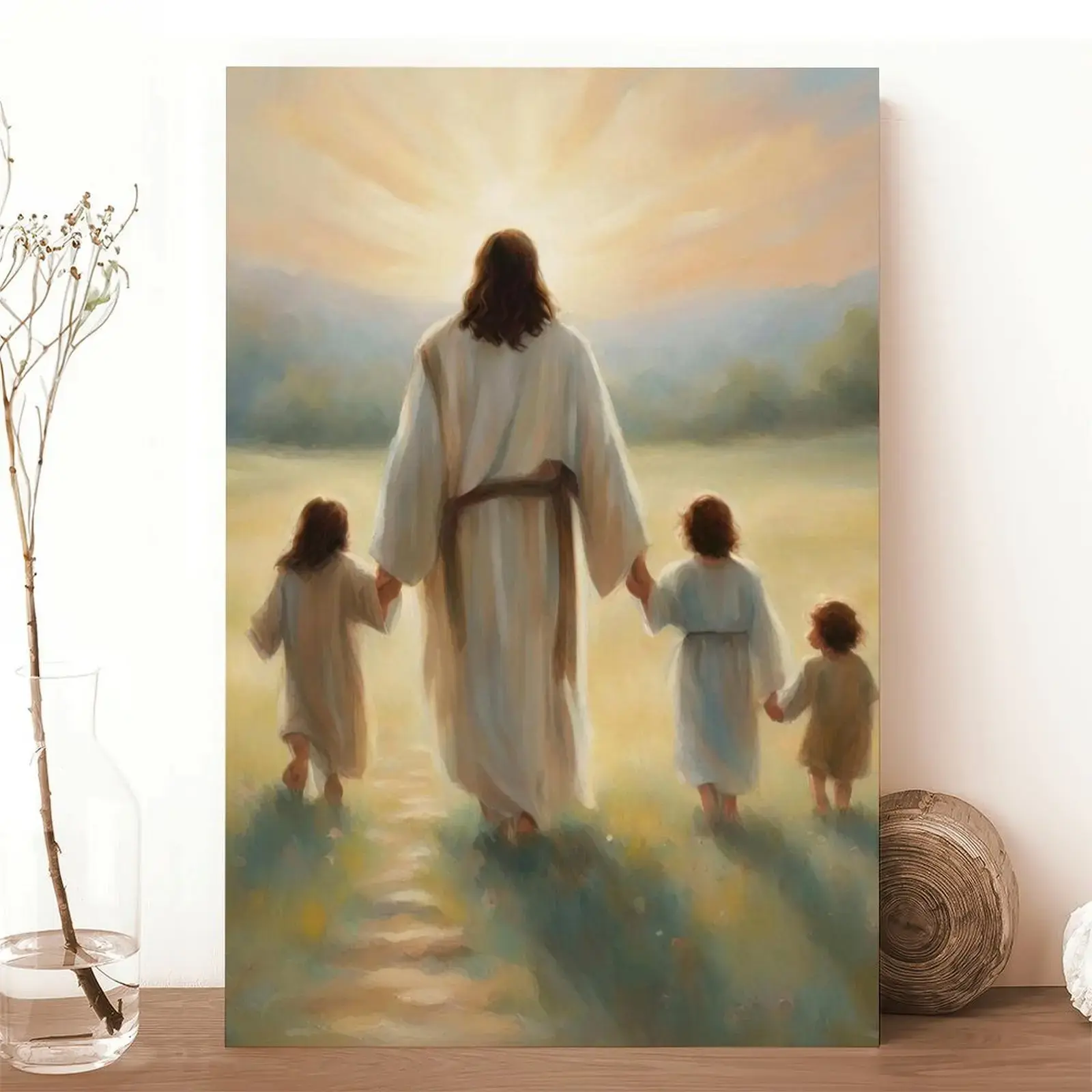 Impressionist Jesus Walking with Children Oil Painting Print - Artistic Canvas Poster, Nursery Decor, Spiritual Home Decoration, Wall Artwork by Summerwins