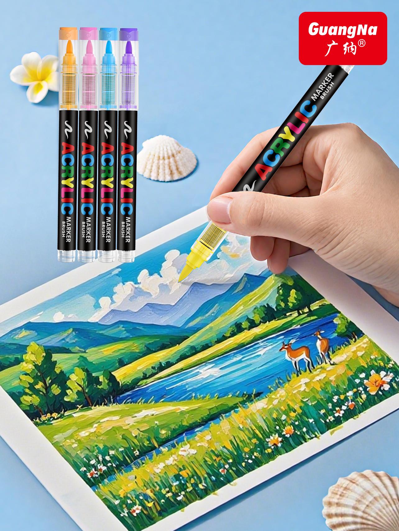 GuangNa 120/240/360 Acrylic Markers with Elastic Brush Tip Quick-Drying Waterproof Ink for Rock Wood Ceramic Glass Canvas Plastic Metal Art Crafts Supplies Gift