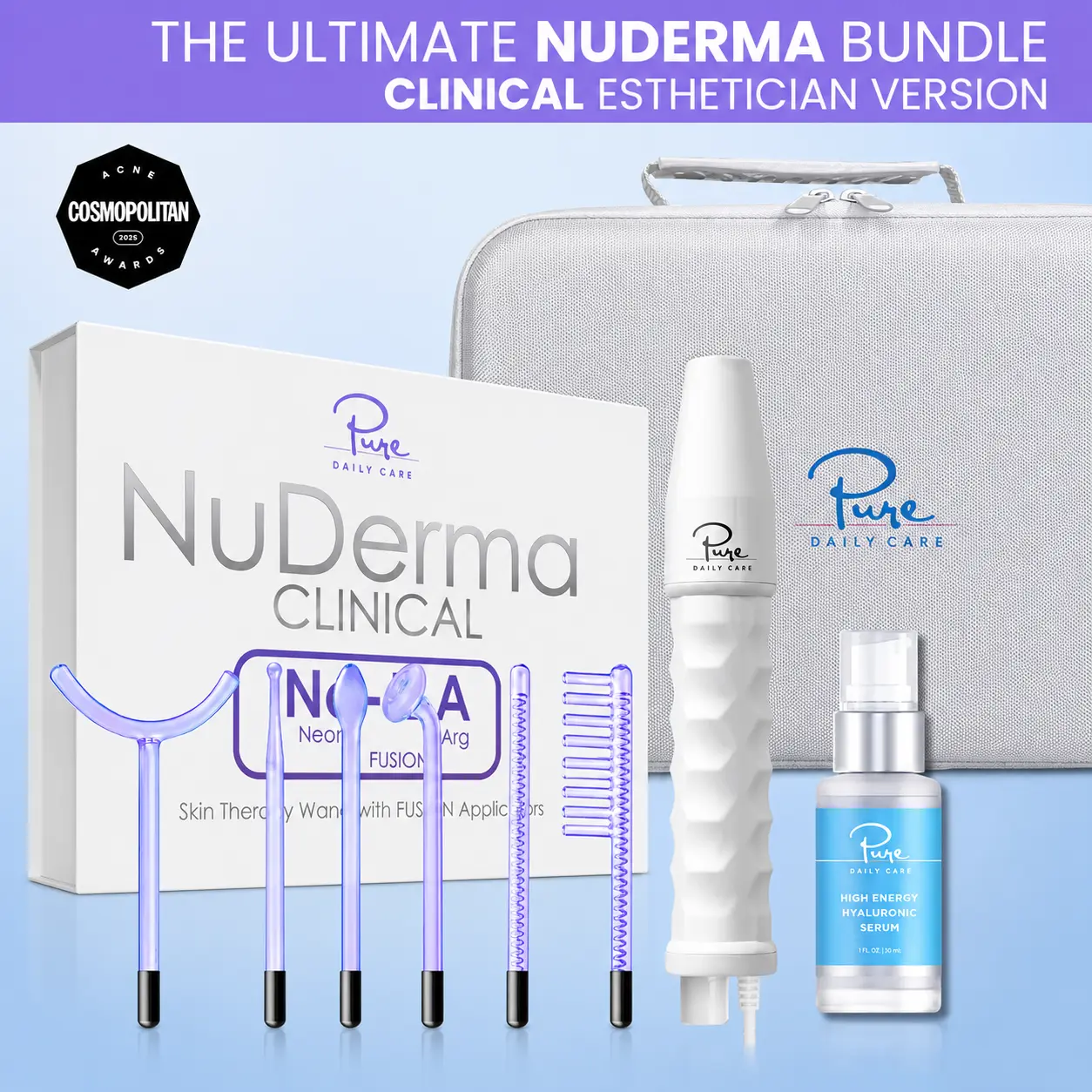 NuDerma Clinical Complete High Frequency Bundle – Anti-Acne + Anti-Aging + Hair Wand System, Clinical-Grade Wand Set for Skin & Hair Facial Beauty Machine Facial Steamer