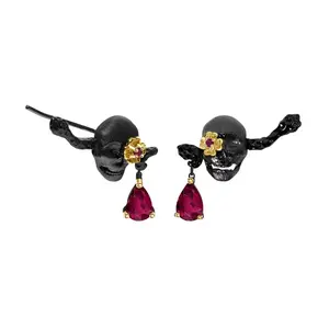 1.26Ct Natural Ruby Gemstone Skull Earrings