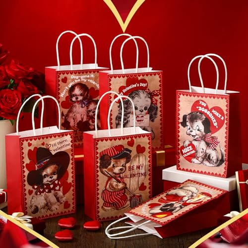 32 Pcs Valentines Day Goodie Bags Kraft Paper Gift Bags with Handle Tissue Paper,Appreciation Gift Wrapping for Friends Teacher Students Office Employee Coworker,Galentine's Day Birthday Wedding School Classroom Party Gift,Valentine Gift Exchane