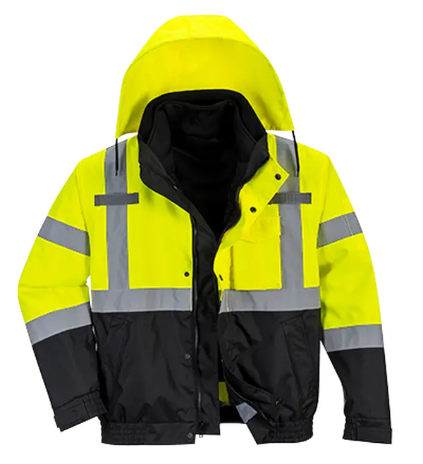 Portwest US365 Small High-Visibility Premium 3-in-1 Waterproof Bomber Jacket for Safety Workers - Long Sleeve, Tab, Adjustable Hood, 300D Oxford Weave, 2.2 lbs, Yellow & Black, Regular Fit, Contrast Panel, Polyester, Reflective Tape, Detachable Sweatshirt