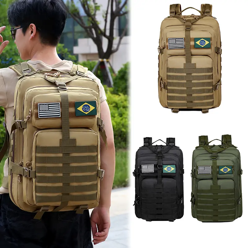 Tactical Bug Out Bag,Unisex 45L Tactical MOLLE Backpack, Large Capacity Survival Rucksack with Flag Patches, Heavy Duty Water Resistant Assault Pack for Outdoor Hiking Camping Hunting Travel & Daily Gym Use, Multiple Storage Pockets, 3 Color Options