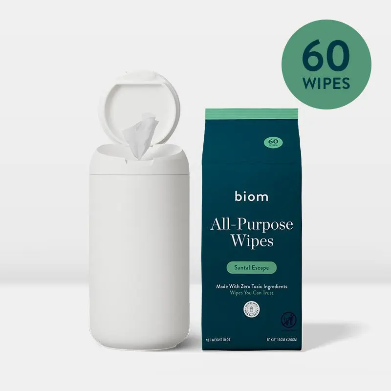 Biom Refillable Wipes Dispenser with 60-Ct Biodegradable Plant-Based All-Purpose Clean Wipes, Gentle & Smooth on Skin, Lavender-Scented for Kitchen Use, Dispenser Included