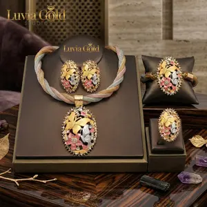 Butterfly Floral Jewelry Set for Women 4Pce Wedding African Dubai Jewelry Ensemble Includes Statement Necklace, Adjustable Bracelet, Hoop Earrings & Statement Ring Tone Mesh Design for Prom Gala Banquet & Bridal Party Gifts