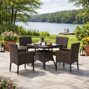 【2 Packages】Yaheetech 5-Piece Outdoor Rattan Furniture Set 4 Dining Chairs & Tempered Glass Garden Dining Table with Umbrella Hole For Patio, Garden, Backyard, Brown/Beige