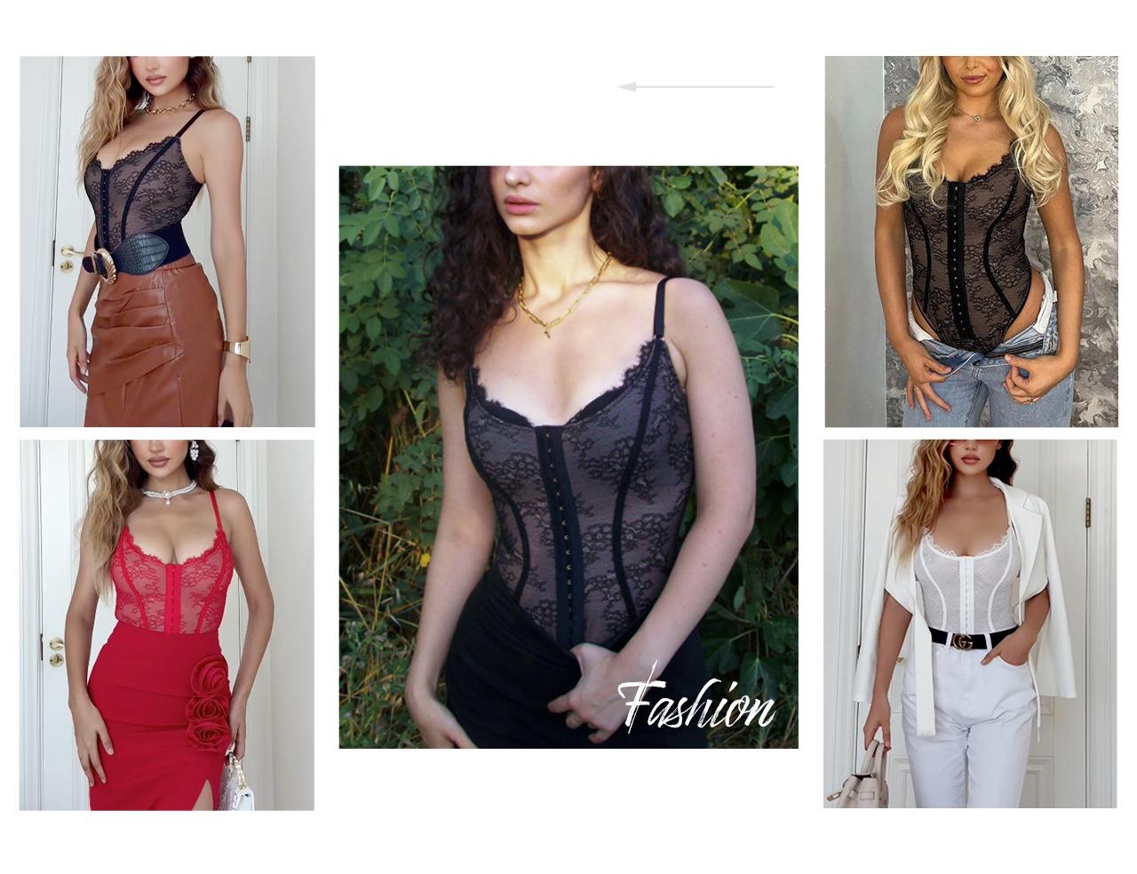 Shapellx Lace Glamour Thong Bodysuit Tummy Control Tops Front Button Design Sexy Womenswear Fit Skinny