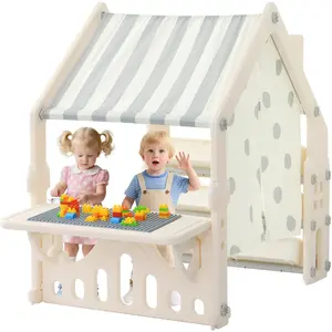 【New Arrival】Kids Playhouse with Building Block Panel and Categorized Storage Compartments, Featuring Roof and Curtains Indoor Play Storage for Toddlers, Packed with Creative Fun Shelves & Racks Gray
