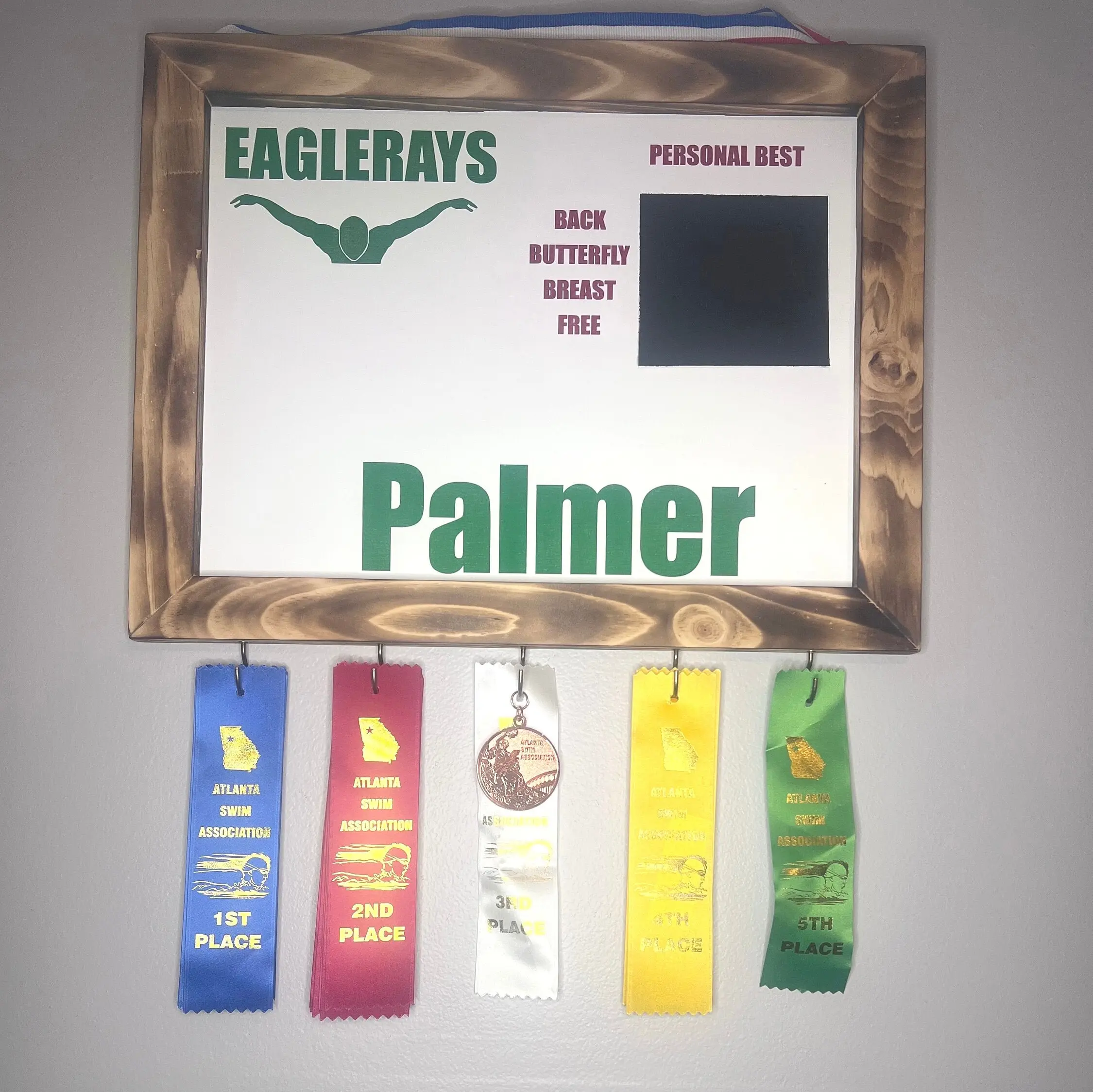 Laser Engraved Swim Ribbon Display: Personalized Medal Holder & Chalkboard