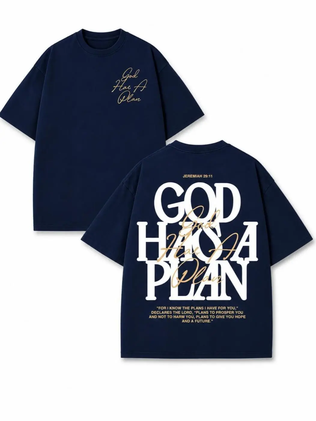 Men's Classic Elegant Short-Sleeve Cotton Unisex Thick Denim-Inspired Oversized Black T-Shirt - God Has A Plan Jeremiah 29:11, Double Sided, Gold Cursive & White Bold Font, Aesthetic Christian Faith Streetwear, Baggy Christian Clothing, Shortsleeve, Soft