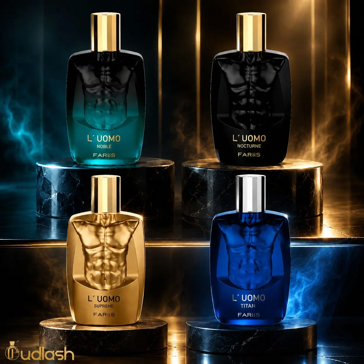 Oudlash Bundle | Fariis | L'uomo Noble + Nocturne + Supreme + Titan | Mens Fragrance | 100ML - 3.4 Oz | Extrait De Parfum | Fizzy Bergamot- refreshing Lemon, Orange