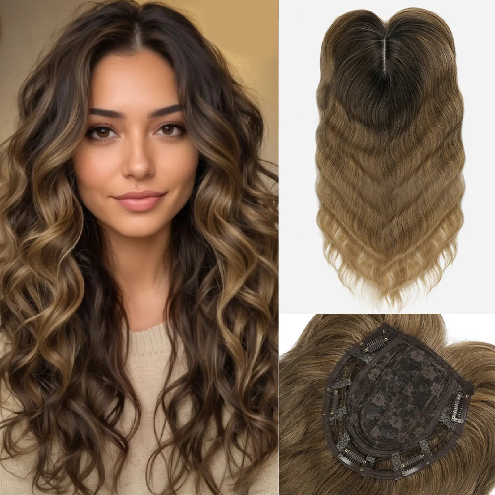 Auvzy Hair Toppers for Women with Thinning Hair, 18 Inch Natural Color Toppers Hair Pieces for Women Wispy Part Clip in Bangs 360° 3D Wavy Synthetic Hair Breathable Hairpiece for Women