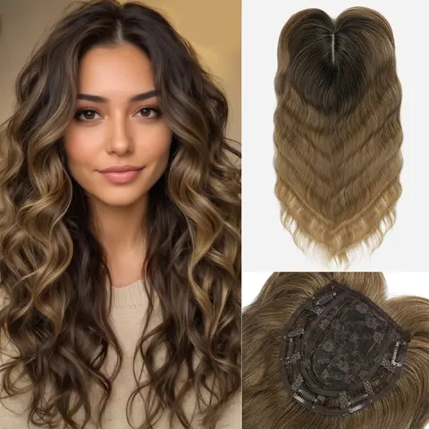 Auvzy Hair Toppers for Women with Thinning Hair, 18 Inch Natural Color Toppers Hair Pieces for Women Wispy Part Clip in Bangs 360° 3D Wavy Synthetic Hair Breathable Hairpiece for Women