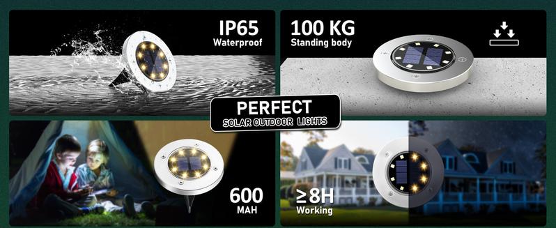 SOLPEX Solar Ground Lights Outdoor, Waterproof 8 LED Solar Powered Disk Lights Outdoor Garden Landscape Lighting for Yard Deck Lawn Patio Pathway Walkway solar  power