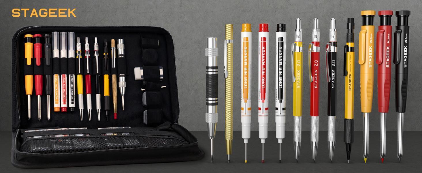 STAGEEK 49/34PCS Carpenter Pencil Set with Sharpener Mechanical Pencils Long-Nib Marker Pens Carbide Scribe Tool for Woodworking with Case STAGEEK 49/34PCS Carpenter Pencil Set with Sharpener Mechanical Pencils Long-Nib Marker Pens Carbide Scribe Tool for Woodworking with Case