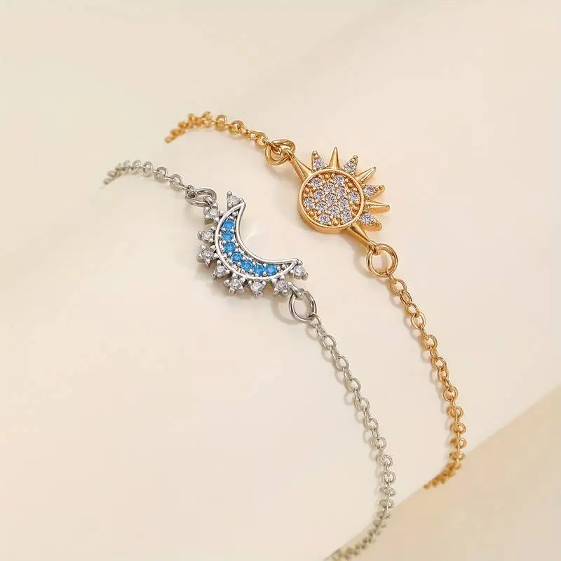 Sun and Moon Bracelets for 2 Matching Best Friend Bracelets Set Stack 14K Gold Plated Silver Charm Friendship Bracelets for Women Couples BFF Jewelry Gift